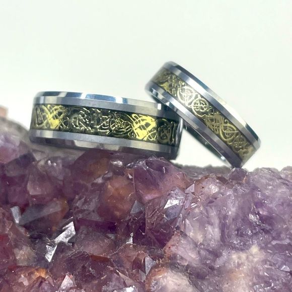 His and Hers Tungsten Carbide Celtic Dragon Bands - Picture 1 of 11